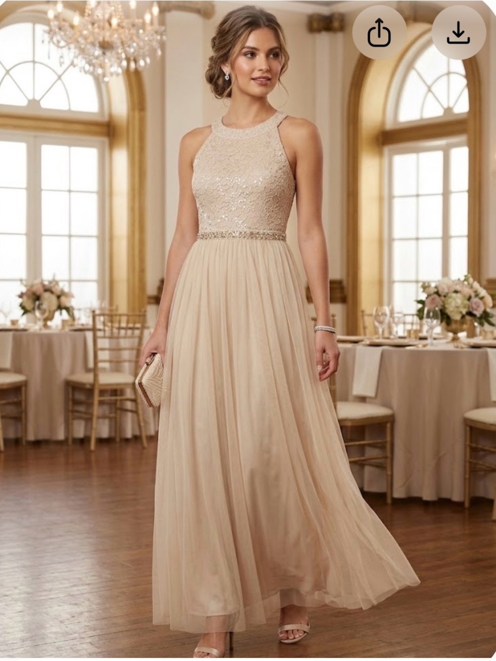 Halter Neck Beige Embellished Maxi Dress